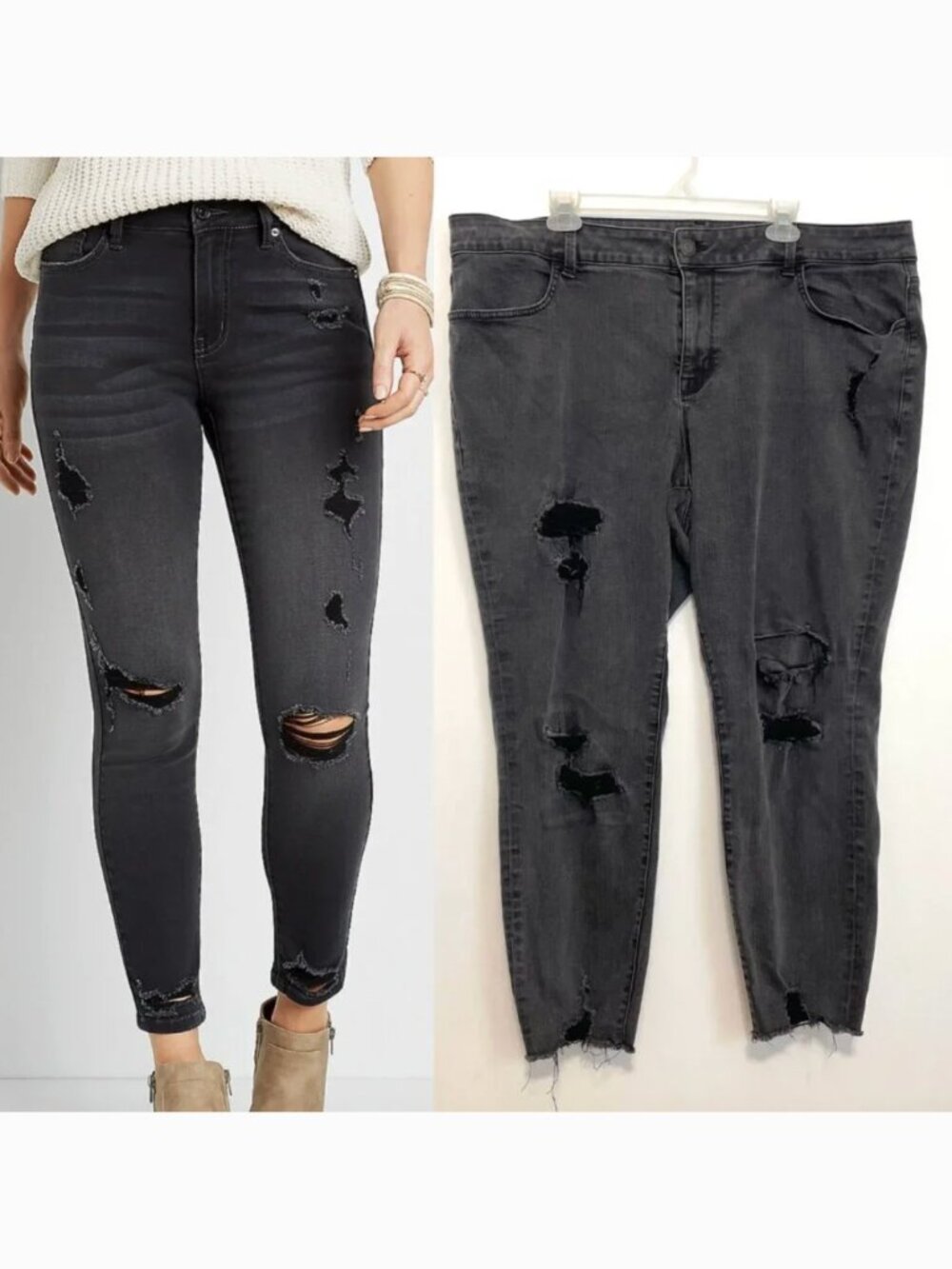 MAURICES Plus Size Faded Black Ripped Repair Distressed Raw Hem Skinny Jeans 24W